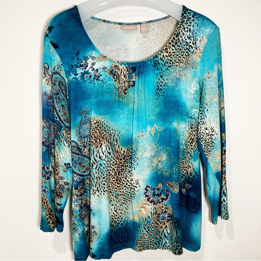 Chico’s Long sleeve Tee Teal Paisley Leopard Print NWOT